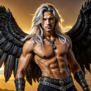 In this gallery, AI-generated dark angels — handsome fallen angels with massive black and silver wings in gothic atmospheric settings. UHD digital art collection.