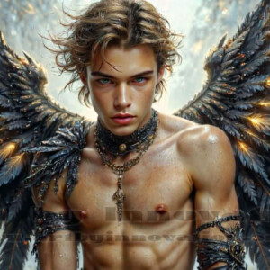 In this gallery, AI-generated dark angels — handsome fallen angels with massive black and silver wings in gothic atmospheric settings. UHD digital art collection.