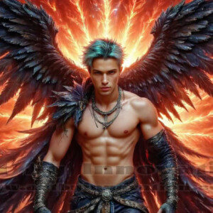 In this gallery, AI-generated dark angels — handsome fallen angels with massive black and silver wings in gothic atmospheric settings. UHD digital art collection.