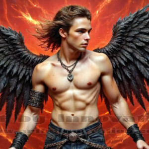 In this gallery, AI-generated dark angels — handsome fallen angels with massive black and silver wings in gothic atmospheric settings. UHD digital art collection.
