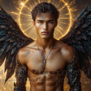 In this gallery, AI-generated dark angels — handsome fallen angels with massive black and silver wings in gothic atmospheric settings. UHD digital art collection.