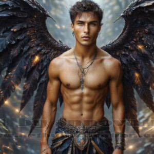 In this gallery, AI-generated dark angels — handsome fallen angels with massive black and silver wings in gothic atmospheric settings. UHD digital art collection.