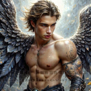 In this gallery, AI-generated dark angels — handsome fallen angels with massive black and silver wings in gothic atmospheric settings. UHD digital art collection.