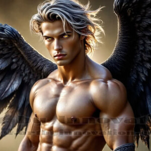 In this gallery, AI-generated dark angels — handsome fallen angels with massive black and silver wings in gothic atmospheric settings. UHD digital art collection.