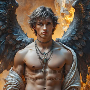 In this gallery, AI-generated dark angels — handsome fallen angels with massive black and silver wings in gothic atmospheric settings. UHD digital art collection.