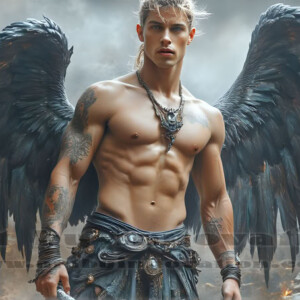In this gallery, AI-generated dark angels — handsome fallen angels with massive black and silver wings in gothic atmospheric settings. UHD digital art collection.