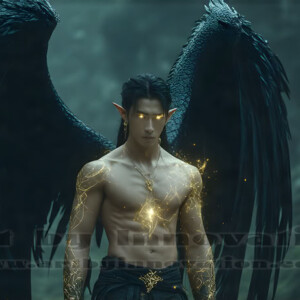 In this gallery, AI-generated dark angels — handsome fallen angels with massive black and silver wings in gothic atmospheric settings. UHD digital art collection.