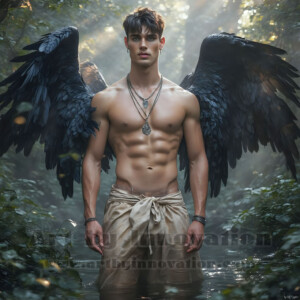In this gallery, AI-generated dark angels — handsome fallen angels with massive black and silver wings in gothic atmospheric settings. UHD digital art collection.