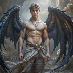 In this gallery, AI-generated dark angels — handsome fallen angels with massive black and silver wings in gothic atmospheric settings. UHD digital art collection.
