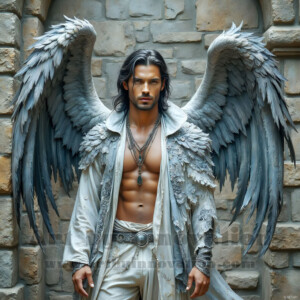In this gallery, AI-generated dark angels — handsome fallen angels with massive black and silver wings in gothic atmospheric settings. UHD digital art collection.