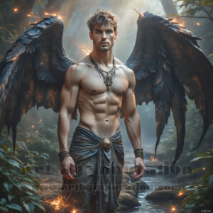In this gallery, AI-generated dark angels — handsome fallen angels with massive black and silver wings in gothic atmospheric settings. UHD digital art collection.