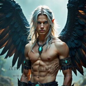 In this gallery, AI-generated dark angels — handsome fallen angels with massive black and silver wings in gothic atmospheric settings. UHD digital art collection.
