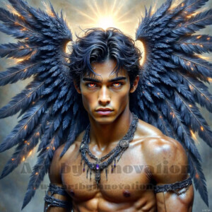 In this gallery, AI-generated dark angels — handsome fallen angels with massive black and silver wings in gothic atmospheric settings. UHD digital art collection.