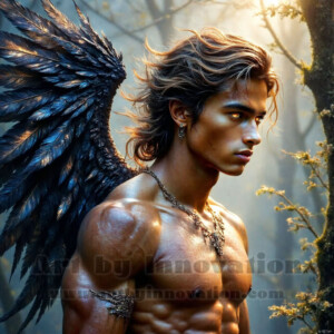 In this gallery, AI-generated dark angels — handsome fallen angels with massive black and silver wings in gothic atmospheric settings. UHD digital art collection.