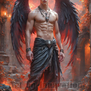 In this gallery, AI-generated dark angels — handsome fallen angels with massive black and silver wings in gothic atmospheric settings. UHD digital art collection.