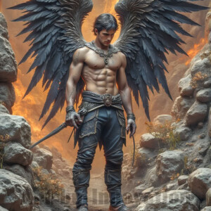 In this gallery, AI-generated dark angels — handsome fallen angels with massive black and silver wings in gothic atmospheric settings. UHD digital art collection.