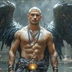 In this gallery, AI-generated dark angels — handsome fallen angels with massive black and silver wings in gothic atmospheric settings. UHD digital art collection.