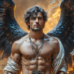 In this gallery, AI-generated dark angels — handsome fallen angels with massive black and silver wings in gothic atmospheric settings. UHD digital art collection.