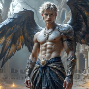 In this gallery, AI-generated dark angels — handsome fallen angels with massive black and silver wings in gothic atmospheric settings. UHD digital art collection.