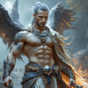 In this gallery, AI-generated dark angels — handsome fallen angels with massive black and silver wings in gothic atmospheric settings. UHD digital art collection.