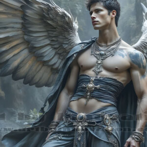 In this gallery, AI-generated dark angels — handsome fallen angels with massive black and silver wings in gothic atmospheric settings. UHD digital art collection.