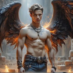 In this gallery, AI-generated dark angels — handsome fallen angels with massive black and silver wings in gothic atmospheric settings. UHD digital art collection.