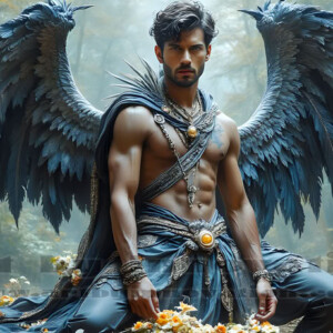 In this gallery, AI-generated dark angels — handsome fallen angels with massive black and silver wings in gothic atmospheric settings. UHD digital art collection.