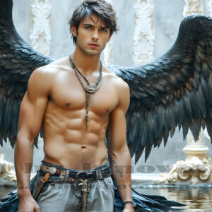 In this gallery, AI-generated dark angels — handsome fallen angels with massive black and silver wings in gothic atmospheric settings. UHD digital art collection.
