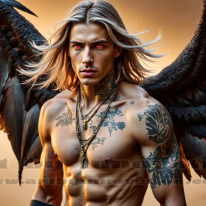 In this gallery, AI-generated dark angels — handsome fallen angels with massive black and silver wings in gothic atmospheric settings. UHD digital art collection.