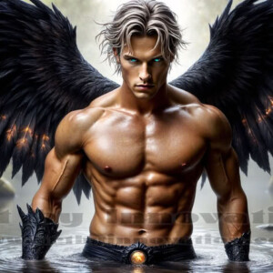 In this gallery, AI-generated dark angels — handsome fallen angels with massive black and silver wings in gothic atmospheric settings. UHD digital art collection.