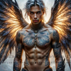 In this gallery, AI-generated dark angels — handsome fallen angels with massive black and silver wings in gothic atmospheric settings. UHD digital art collection.