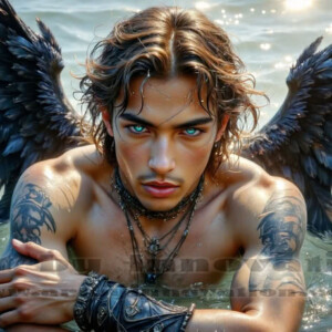 In this gallery, AI-generated dark angels — handsome fallen angels with massive black and silver wings in gothic atmospheric settings. UHD digital art collection.