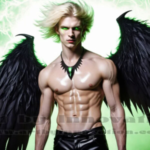 In this gallery, AI-generated dark angels — handsome fallen angels with massive black and silver wings in gothic atmospheric settings. UHD digital art collection.