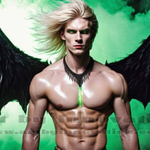 In this gallery, AI-generated dark angels — handsome fallen angels with massive black and silver wings in gothic atmospheric settings. UHD digital art collection.