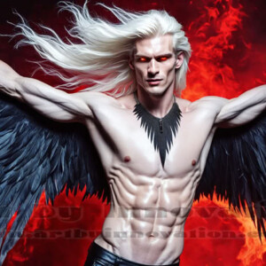In this gallery, AI-generated dark angels — handsome fallen angels with massive black and silver wings in gothic atmospheric settings. UHD digital art collection.