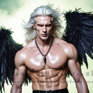 In this gallery, AI-generated dark angels — handsome fallen angels with massive black and silver wings in gothic atmospheric settings. UHD digital art collection.