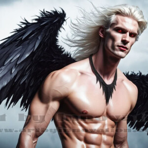 In this gallery, AI-generated dark angels — handsome fallen angels with massive black and silver wings in gothic atmospheric settings. UHD digital art collection.