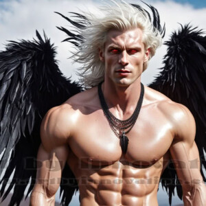 In this gallery, AI-generated dark angels — handsome fallen angels with massive black and silver wings in gothic atmospheric settings. UHD digital art collection.
