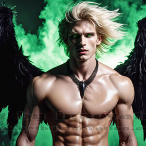 In this gallery, AI-generated dark angels — handsome fallen angels with massive black and silver wings in gothic atmospheric settings. UHD digital art collection.