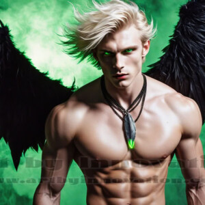 In this gallery, AI-generated dark angels — handsome fallen angels with massive black and silver wings in gothic atmospheric settings. UHD digital art collection.