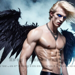In this gallery, AI-generated dark angels — handsome fallen angels with massive black and silver wings in gothic atmospheric settings. UHD digital art collection.