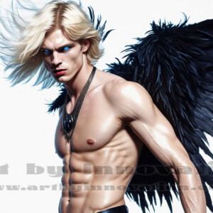 In this gallery, AI-generated dark angels — handsome fallen angels with massive black and silver wings in gothic atmospheric settings. UHD digital art collection.