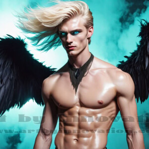 In this gallery, AI-generated dark angels — handsome fallen angels with massive black and silver wings in gothic atmospheric settings. UHD digital art collection.
