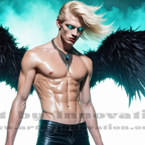 In this gallery, AI-generated dark angels — handsome fallen angels with massive black and silver wings in gothic atmospheric settings. UHD digital art collection.