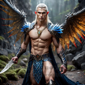 In this gallery, AI-generated dark angels — handsome fallen angels with massive black and silver wings in gothic atmospheric settings. UHD digital art collection.