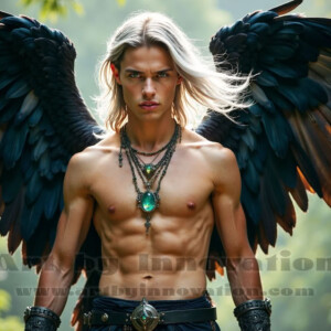 In this gallery, AI-generated dark angels — handsome fallen angels with massive black and silver wings in gothic atmospheric settings. UHD digital art collection.