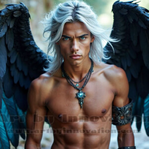 In this gallery, AI-generated dark angels — handsome fallen angels with massive black and silver wings in gothic atmospheric settings. UHD digital art collection.
