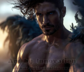 Stunning AI-generated male angel art handsome heavenly warriors with enormous shimmering wings descending from the celestial realm. Heaven's Warriors Collection by Jeff Dupler.