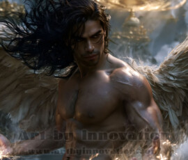 Stunning AI-generated male angel art handsome heavenly warriors with enormous shimmering wings descending from the celestial realm. Heaven's Warriors Collection by Jeff Dupler.