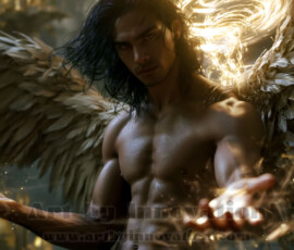 Stunning AI-generated male angel art handsome heavenly warriors with enormous shimmering wings descending from the celestial realm. Heaven's Warriors Collection by Jeff Dupler.